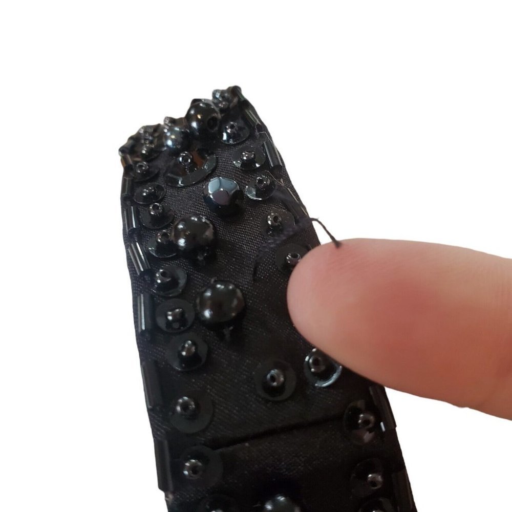 Y2K Black Satin One Shoulder Cocktail Dress Ruched Beaded LBD Sz 4‎ Knee Length - Picture 8 of 12